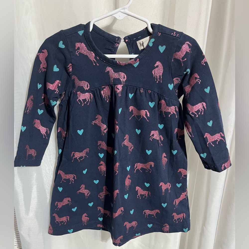 Preloved-HATLEY Toddler Girl Long Sleeve Dress, Horses and Hearts Design.